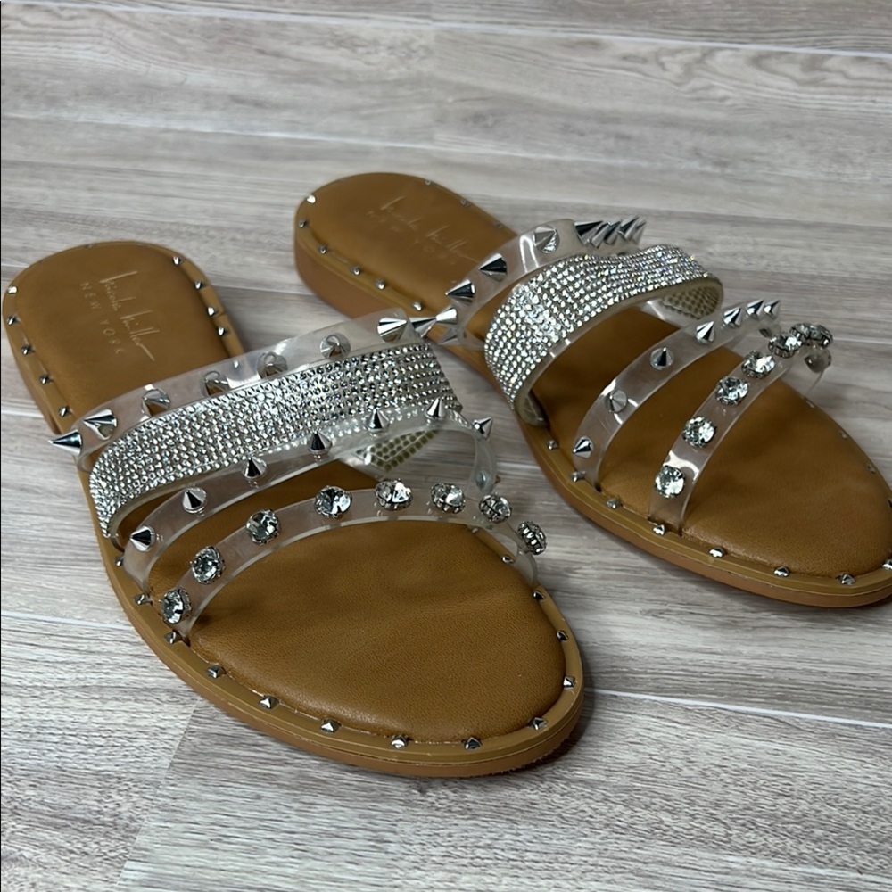 Nicole Miller Silver Tan Studded Sandals